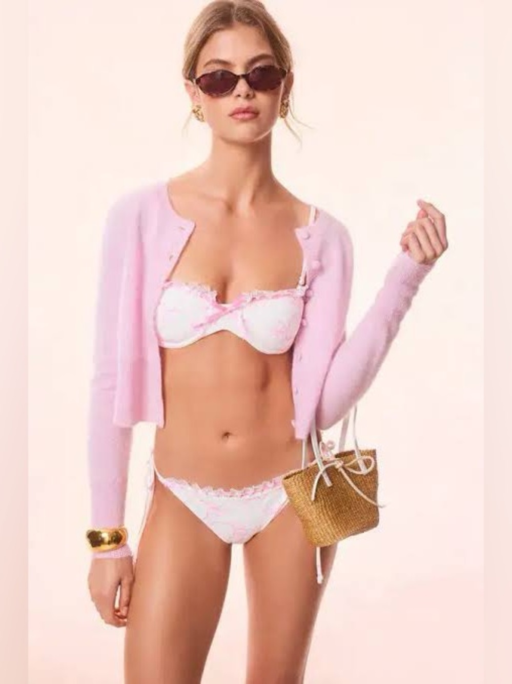 LoveShackFancy - Tallie Bow Print Bikini. Light Pink Lace-Trim Set with Dust Bag